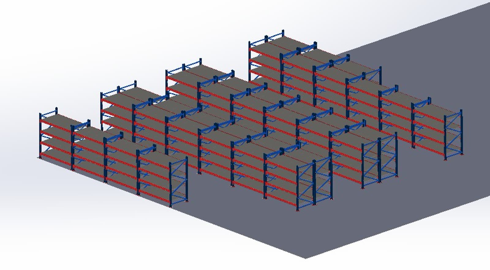 Render CAD de diseño de racks industriales en planta