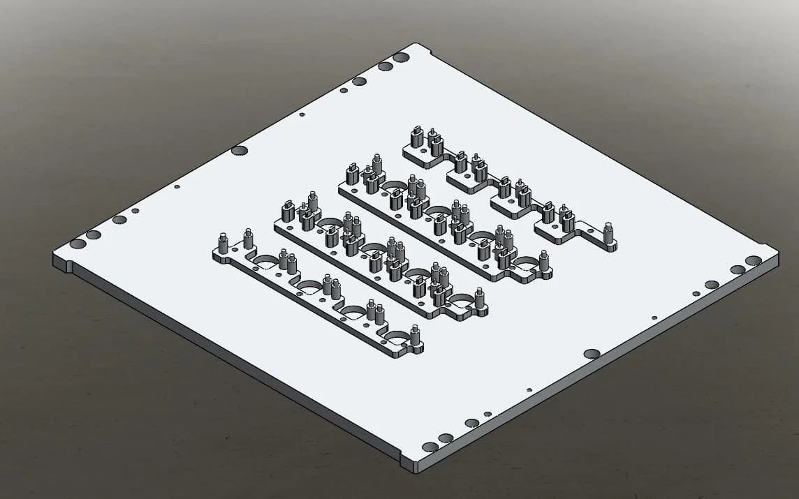Render CAD 3D — base router aluminio con pins y guías de posicionamiento