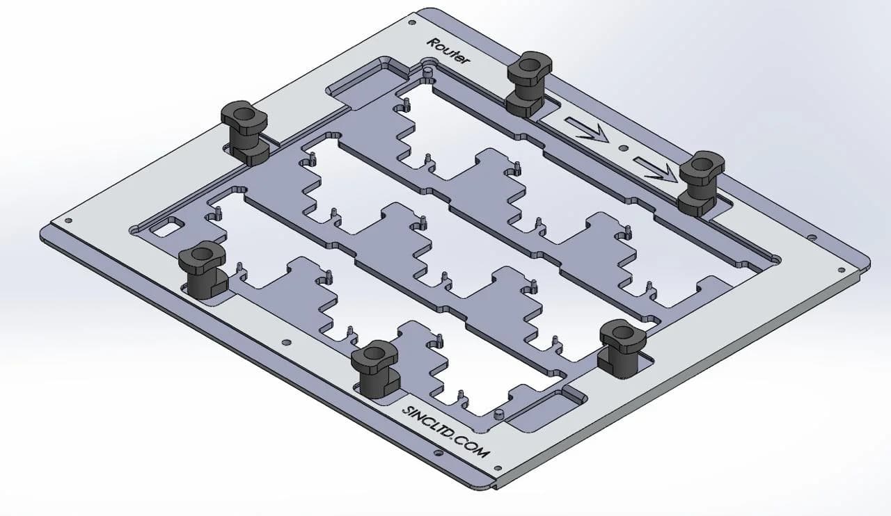 Render CAD 3D — base router CNC con clamps de sujeción rápida