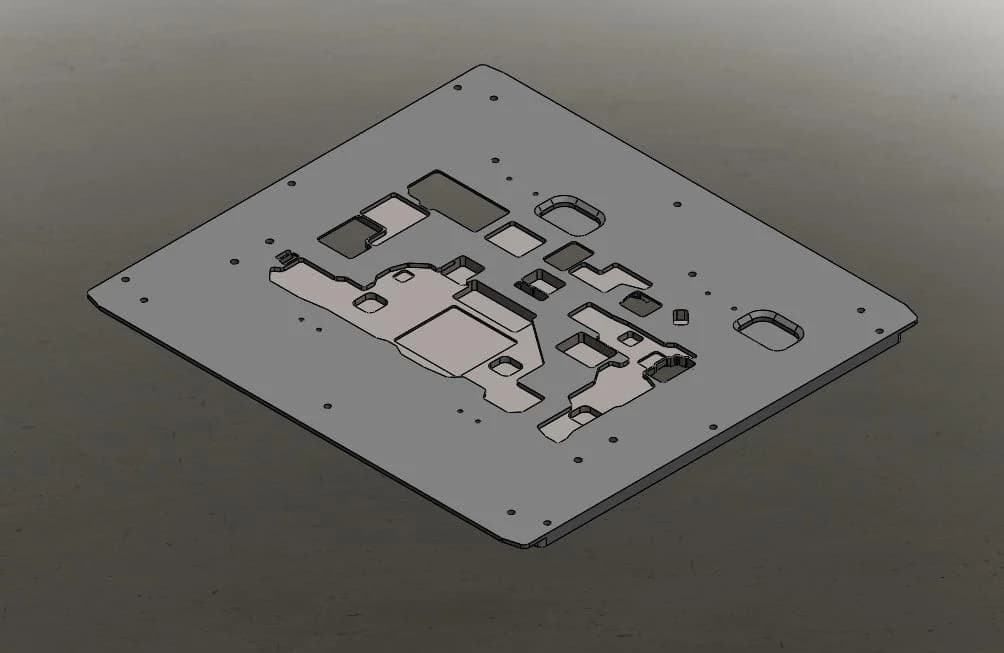 Render CAD 3D — base router PCB con cavidades para componentes