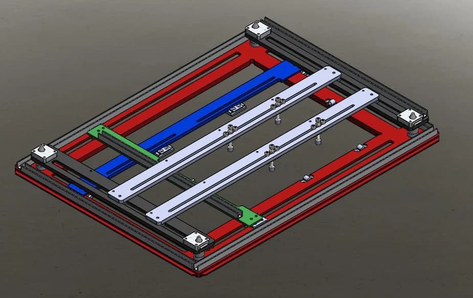 Render CAD 3D — marco CNC router con guías lineales y motores paso a paso