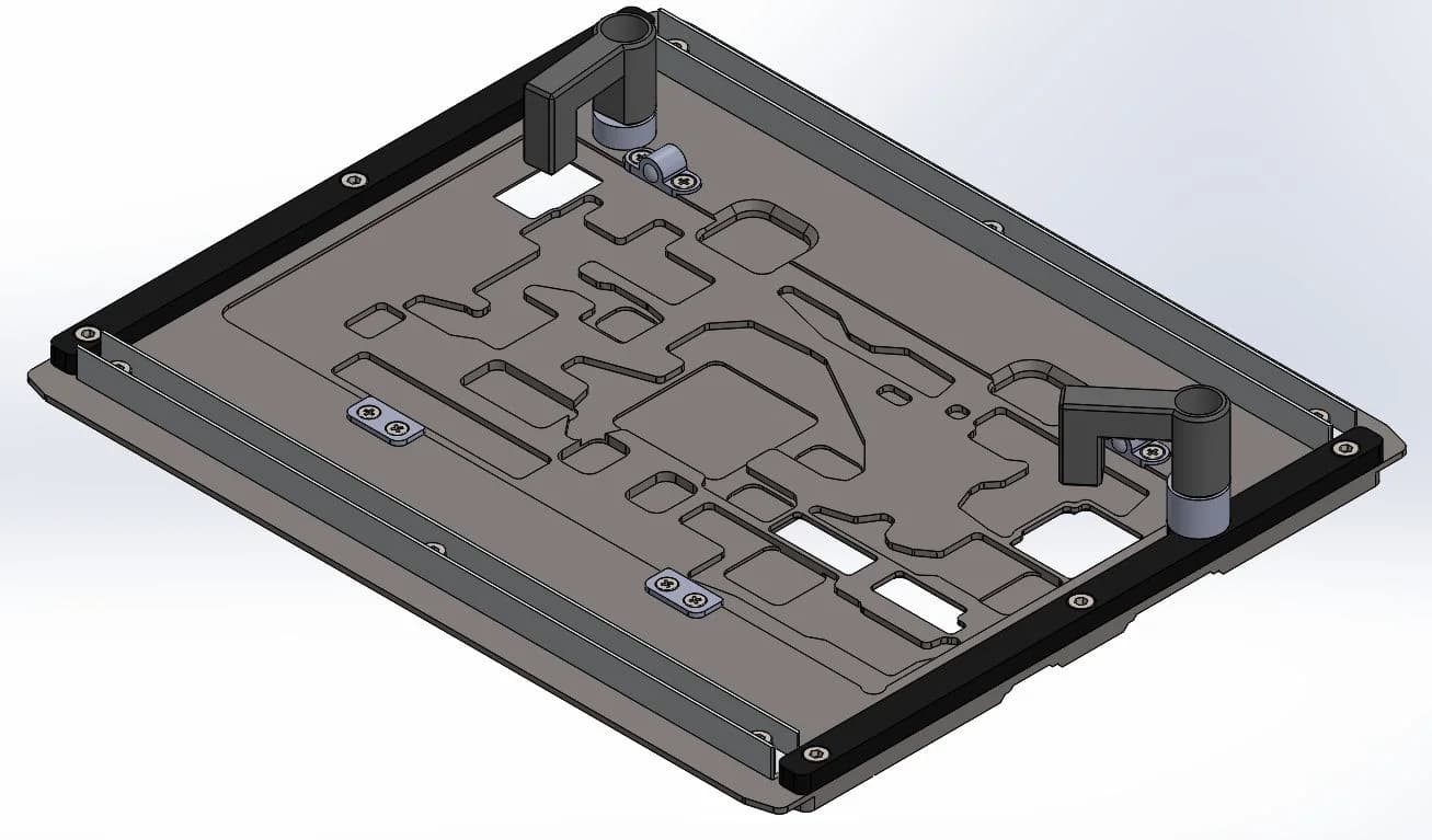 Render CAD 3D — base router con bisagras y cavidades de ruteo PCB